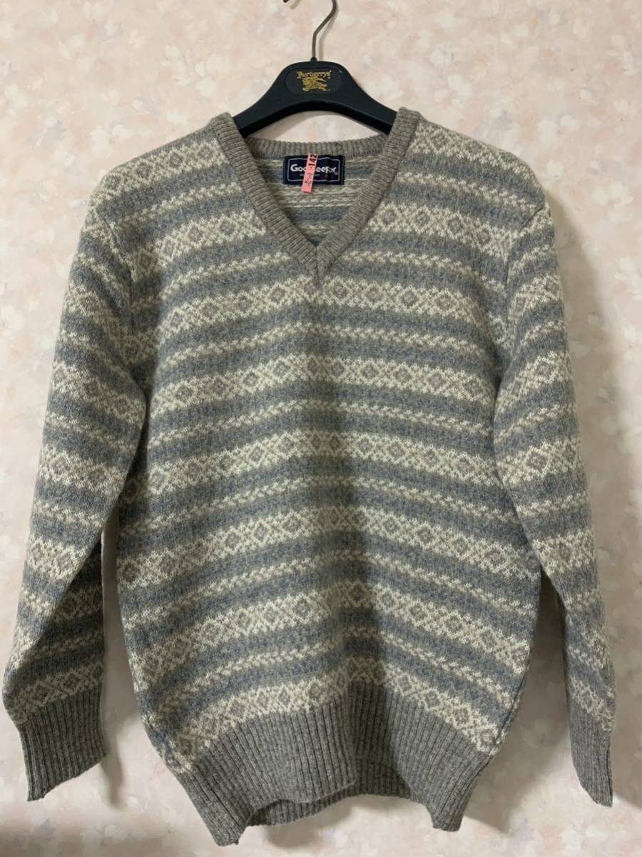 美品 ゴールキーパーセーターニット 柄編み 幾何学模様 V ネック メンズ M拍卖