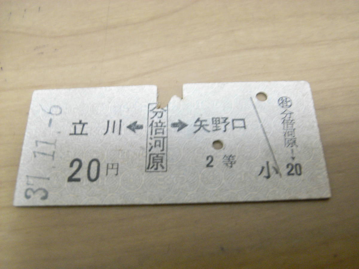 南武線 立川←分倍河原→矢野口 20円2等 昭和37年11月6日 社 分倍河原駅発行 国鉄拍卖