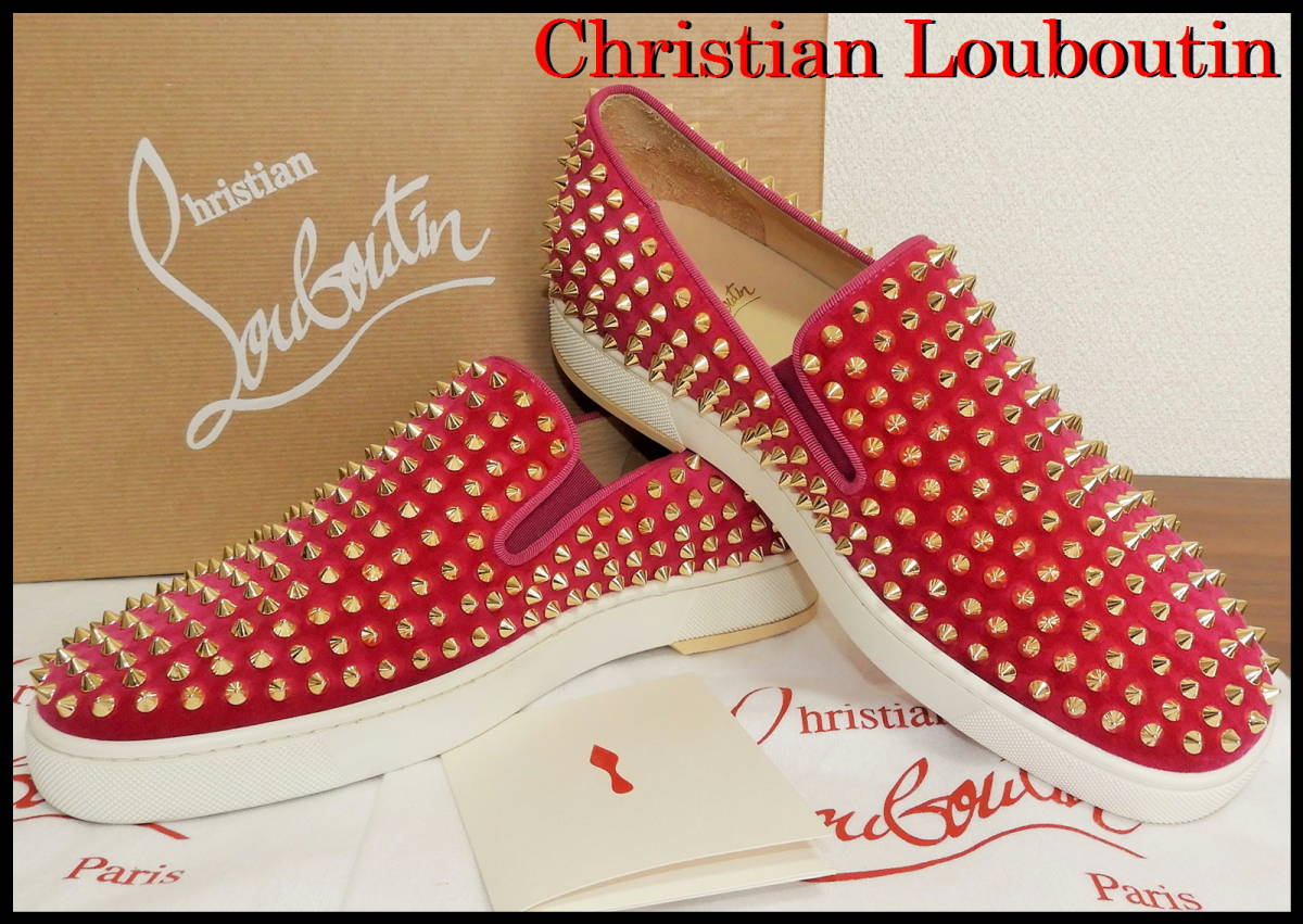 レア色 Christian Louboutin ローラーボート ピンク 金 ゴールド スタッズ メンズ スニーカー スリッポン クリスチャンルブタン 41 正規品拍卖