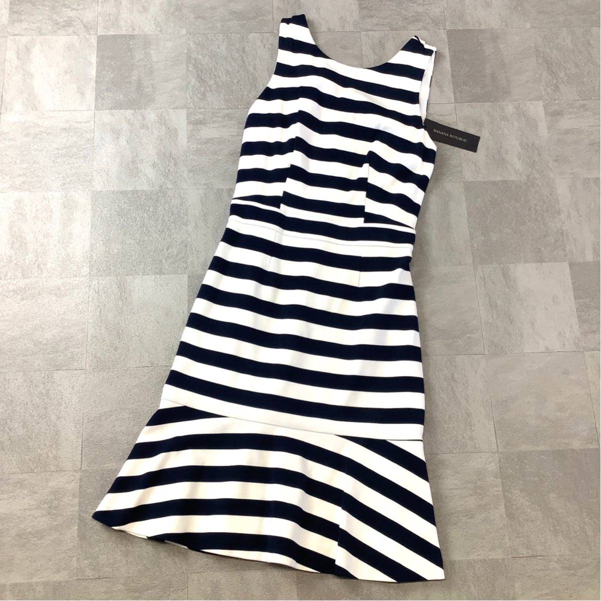 新品 タグ付 BANANA REPUBLIC バナナリパブリック 定価17000 ボーダー ノースリーブ ワンピース サイズ0 フリー ネイビー ホワイト拍卖