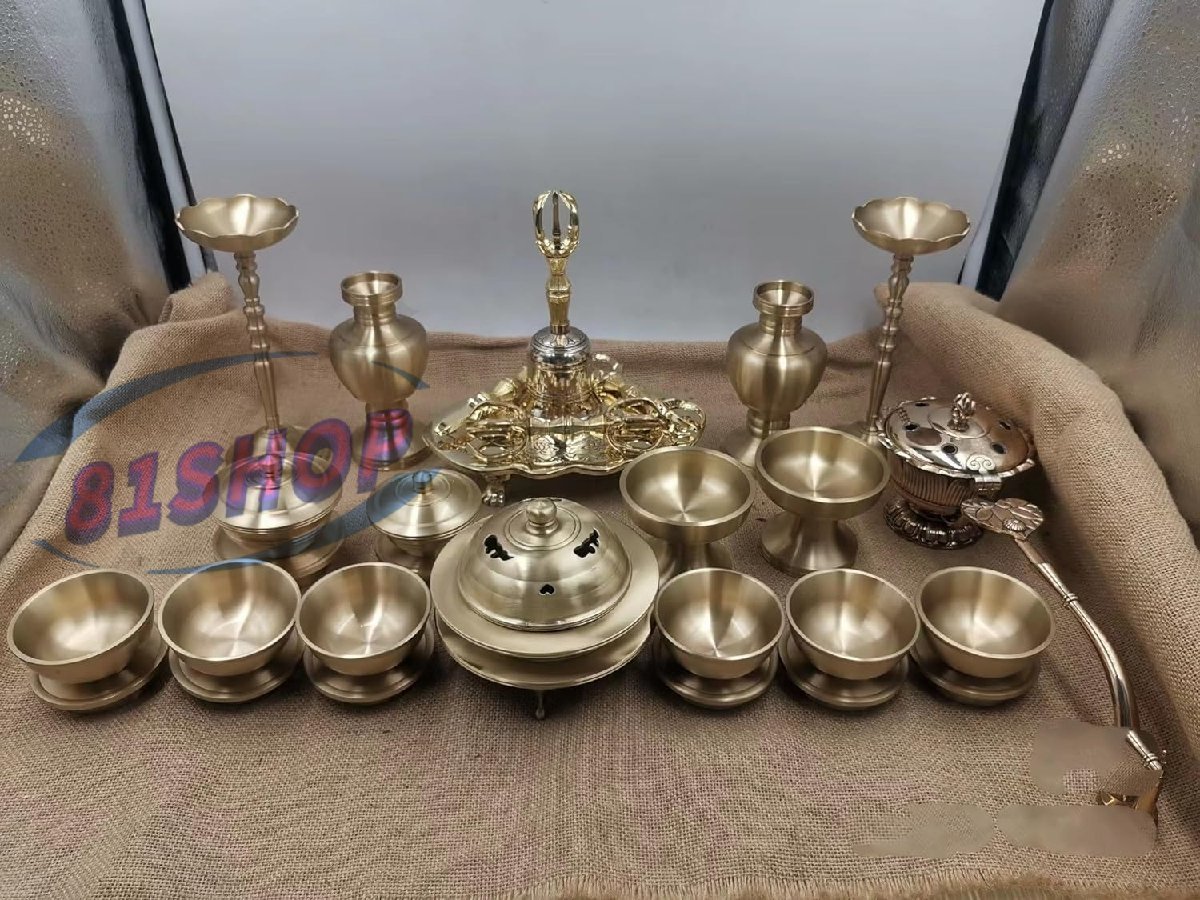 「81SHOP」前具 大々型 (一面器) 21点セット 上品 金剛鈴 金剛盤 五鈷杵 三鈷杵 独鈷杵 柄香炉 火舎香炉 六器一組 仏器一対 華瓶一対拍卖