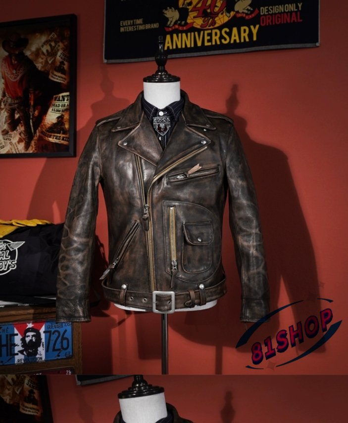 「81SHOP」J22茶芯牛革ジャケット 擦り色めの革ジャン レザージャケットの机車復古ジャケット■S拍卖