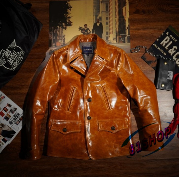 「81SHOP」極美品★ろう染めの革ジャン レザージャケットの馬革の の ァッション レトロ本革レールコートです■M拍卖