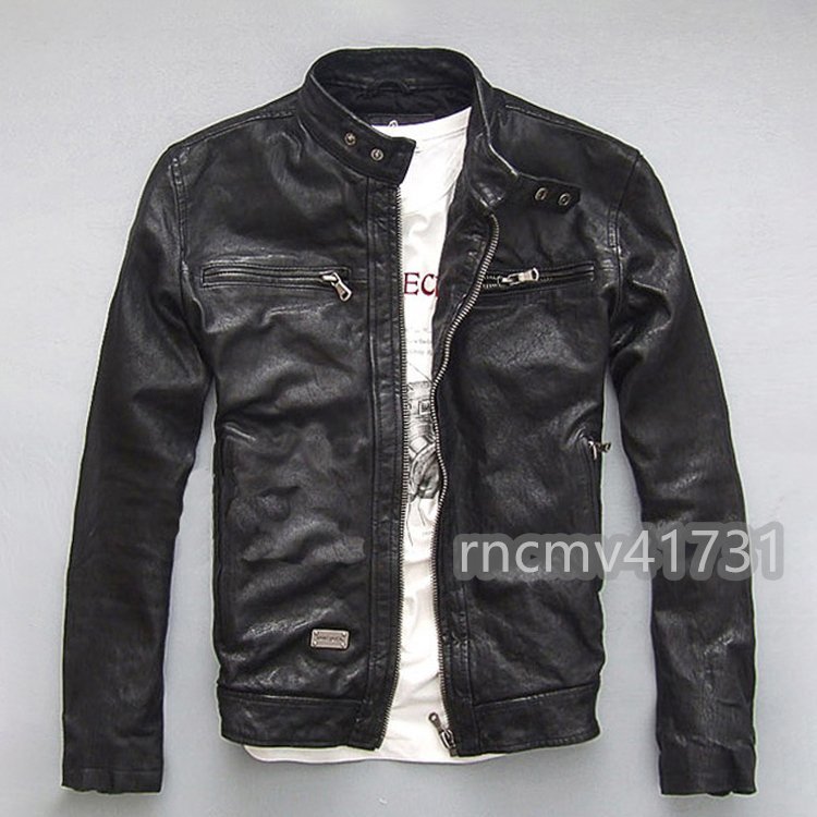 「81SHOP」メンズレザーレザージャケット スリムバイカーゴートレザージャケットコート 防風拍卖