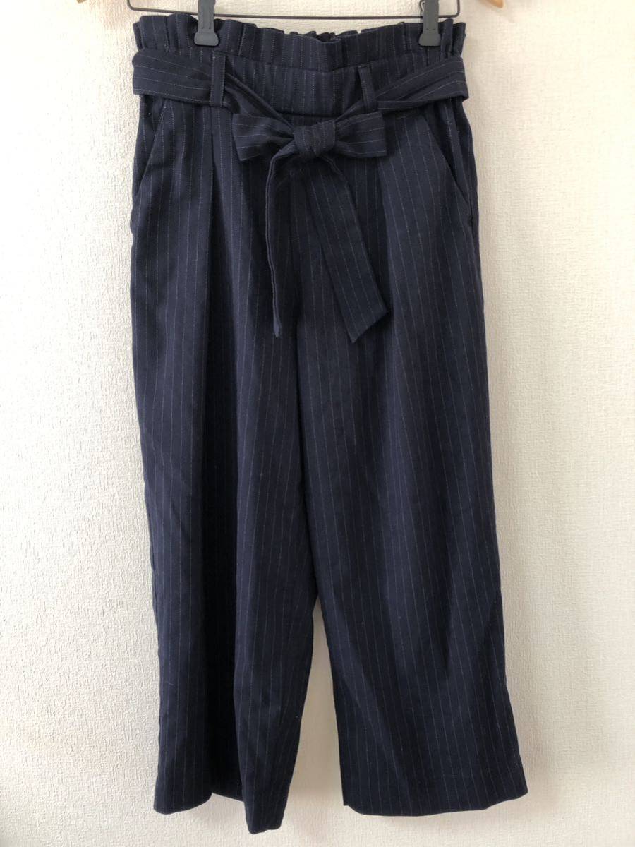 ストライプ ワイドパンツ 紺色 Lサイズ拍卖