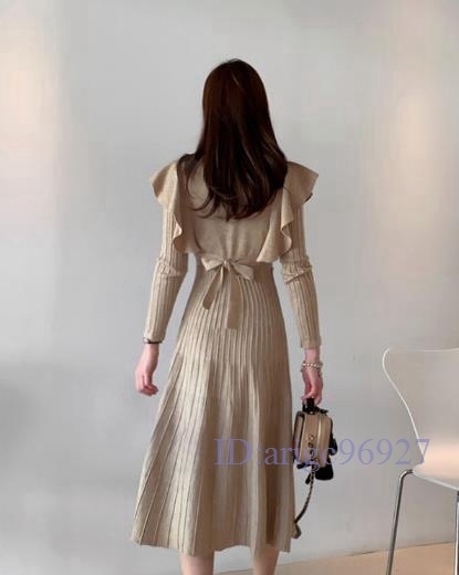 M012★ ワンピース ニット レディース ロング丈 無地 シンプル 長袖 秋冬 リボン付き Aライン 着痩せ エレガント拍卖