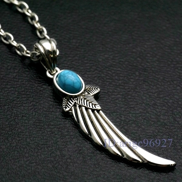F420★プラチナ加工 フェザー 羽根 ブルーターコイズ ネックレス ペンダント シルバーアクセサリー メンズ レディース ペア チェーン拍卖
