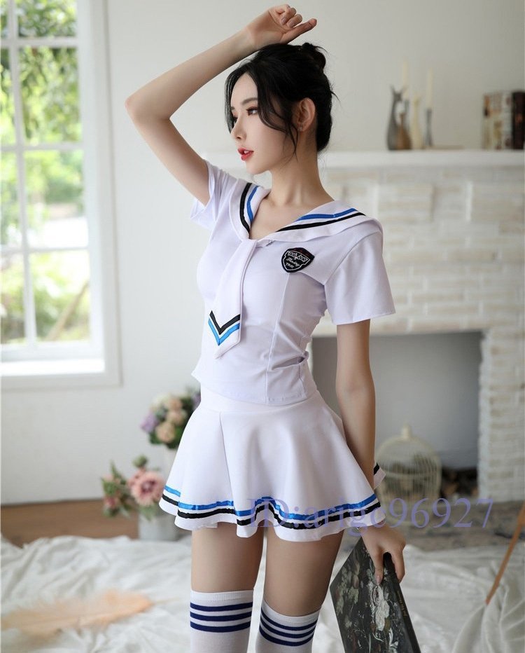 Q373★新品 Mサイズ 超セクシー セーラー服風 トップス?スカート?ショーツ 3点セット 清純派 制服 学生服 コスプレ ミニスカート拍卖