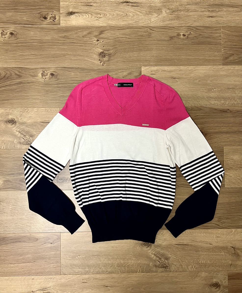 価格交渉可 レア DSQUARED2 ロゴプレート付き Vネック マルチカラー ニット 女性も着用可拍卖