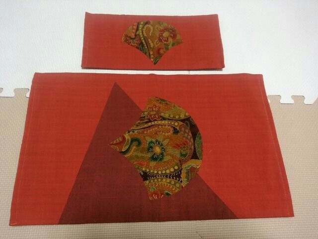 ランチョンマット 紅色 刺繍扇 ハンドメイド ミニサイズ2点セット拍卖