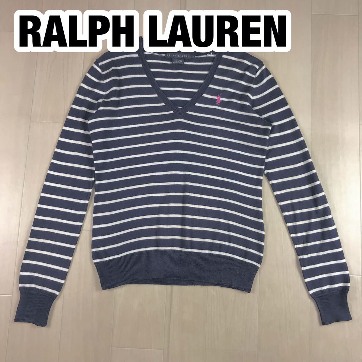 RALPH LAUREN ラルフローレン 長袖ニット S ボーダー柄 ネイビー×ホワイト 刺繍ポニー Vネック拍卖
