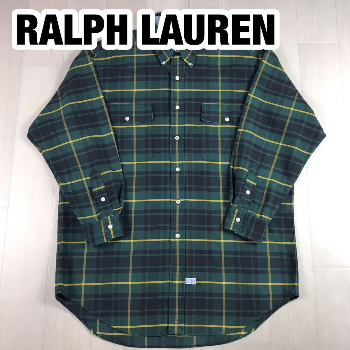 RALPH LAUREN ラルフローレン 長袖シャツ M マルチカラー グリーン×ブラック×イエロー チェック ポケット拍卖