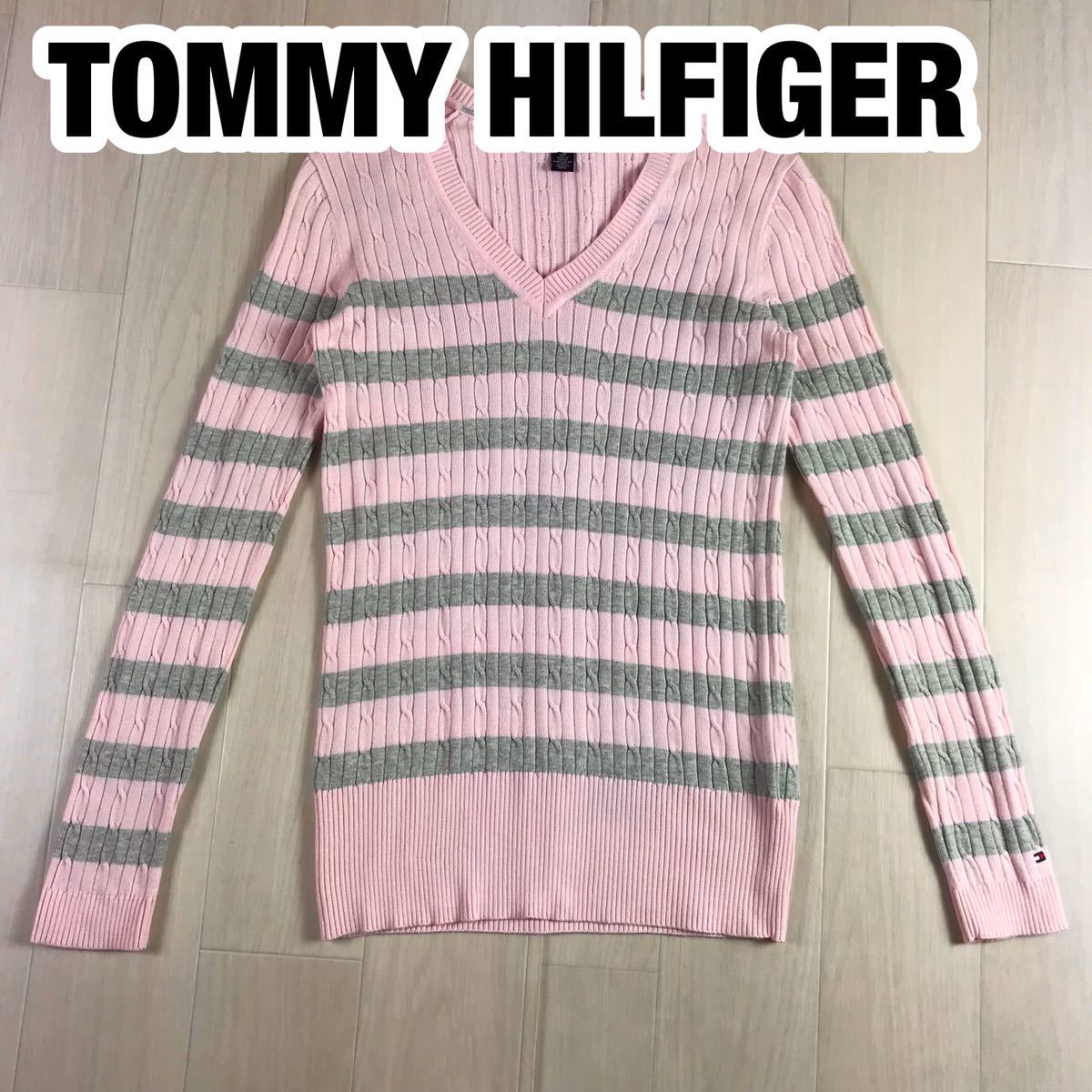 TOMMY HILFIGER トミー ヒルフィガー 長袖ニット セーター ケーブルニット S ボーダー柄 ピンク×グレー Vネック拍卖