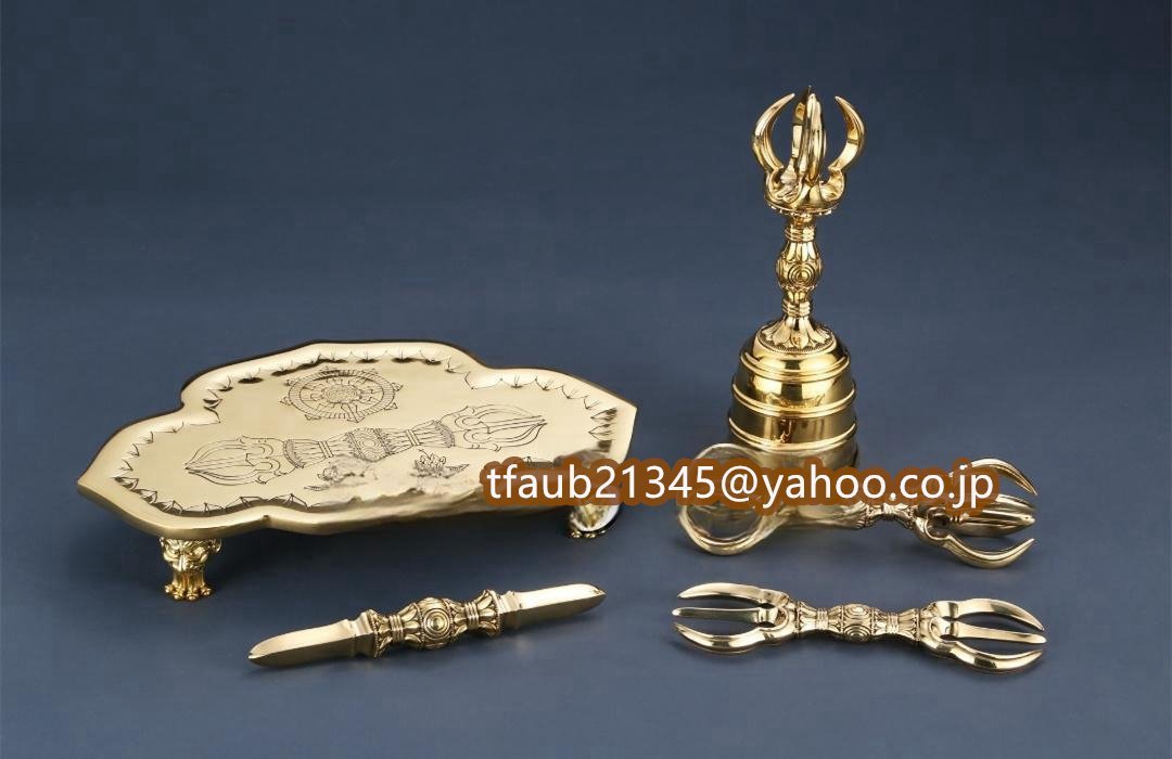 「密教法具 寺院用仏具」極上品 真言宗 御請来型 独鈷杵/三鈷杵/五鈷杵/金剛鈴/金剛盤 5点 仏具 真鍮製 磨き仕上げ 1つも販売可/ご質問を拍卖