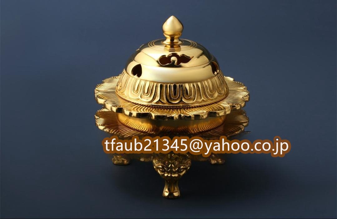 「密教法具 寺院用仏具」真言宗 蓮華型法具 火舎香炉 仏具 仏教美術 筋彫り 真鍮製 磨き仕上げ 高さ12.7 cm拍卖