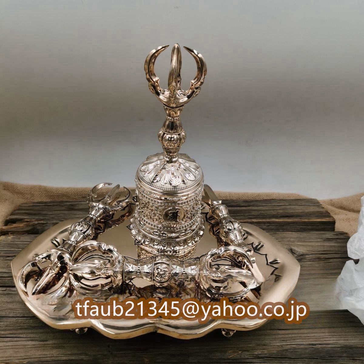 「密教法具 寺院用仏具」極上品 真言宗 鬼面型 独鈷杵/三鈷杵/五鈷杵/五鈷鈴/金剛盤 5点 仏具 銅製 磨き仕上げ 長さ16cm拍卖