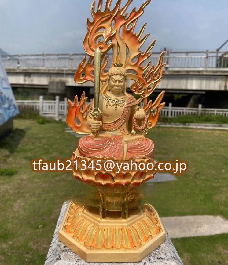 仏教美術 彩色不動明王 坐像 精密細工 ヒノキ檜木 自然木 仏像 職人 手作り 置物 彫刻 美術品 東洋彫刻 高さ28cm拍卖