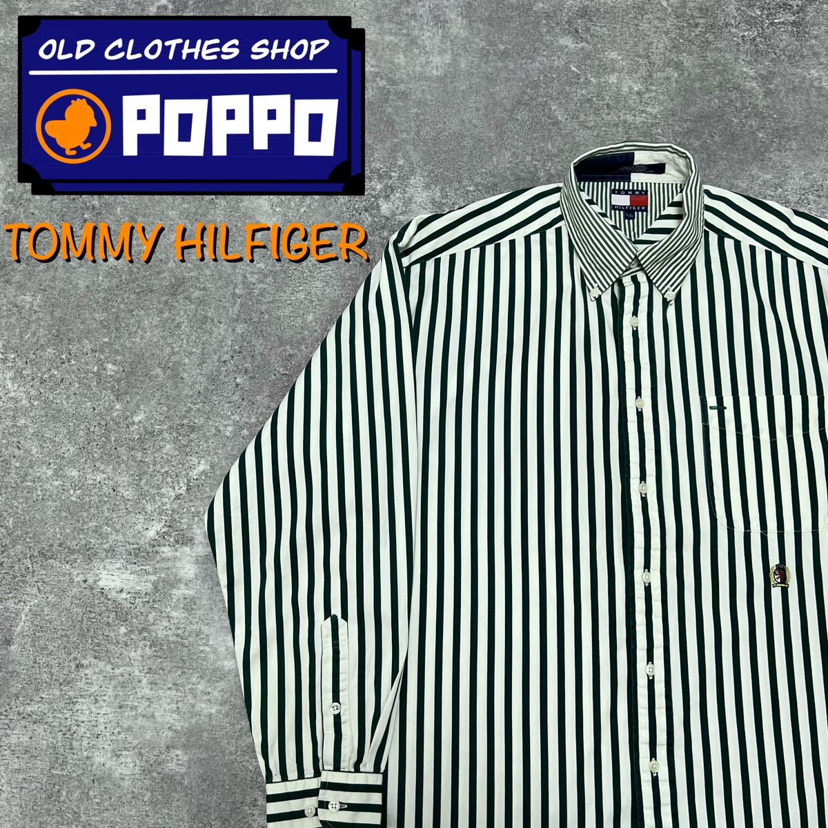 トミーヒルフィガー☆刺繍ロゴストライプ襟切替ボールドストライプシャツ 90s 長袖シャツ拍卖