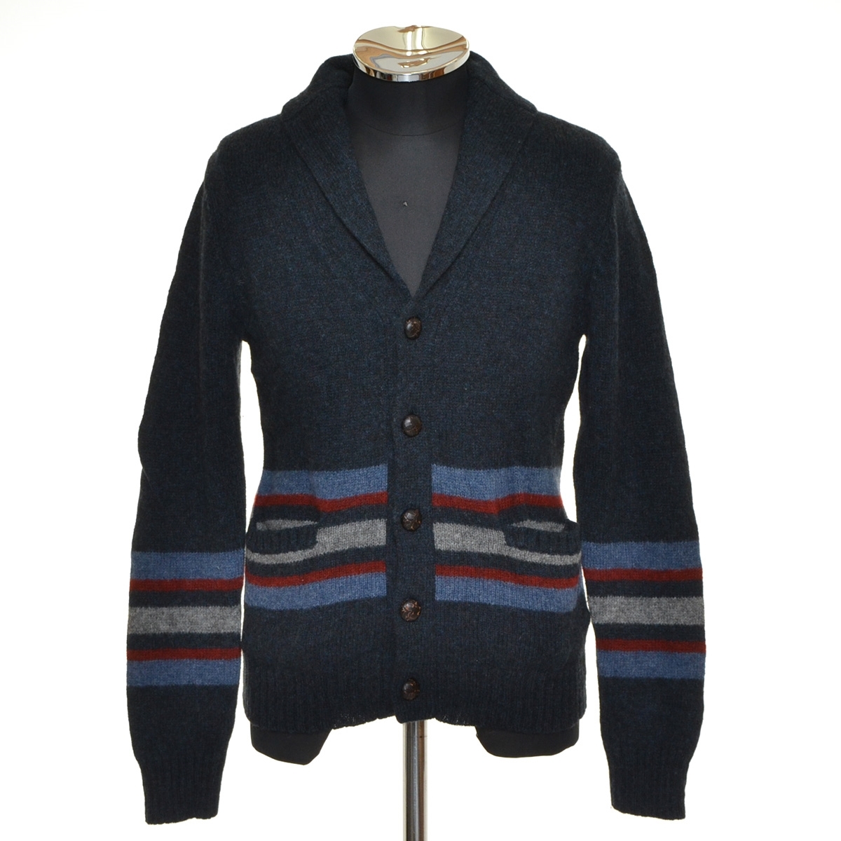 〇480091 JOURNAL STANDARD TRISECT トライセクト ◯ショールカラー カーディガン ウールニット サイズM メンズ ネイビー拍卖