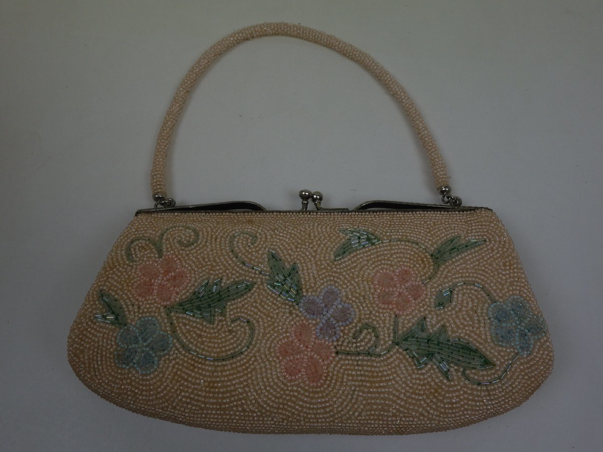 和装小物 がま口 バッグ かばん ビーズ 花柄 縦:約11cm 横:約21cm 幅:約3cm拍卖