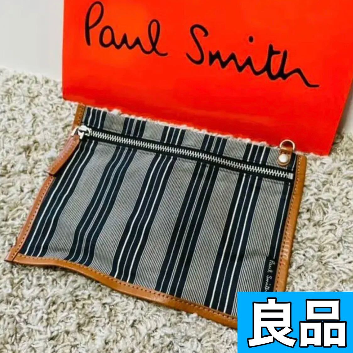 良品 ポールスミス PaulSmith レザーストライプ ポーチ デニム インディゴ ネイビー メンズ レディース ユニセックス 財布 バッグ 8534拍卖