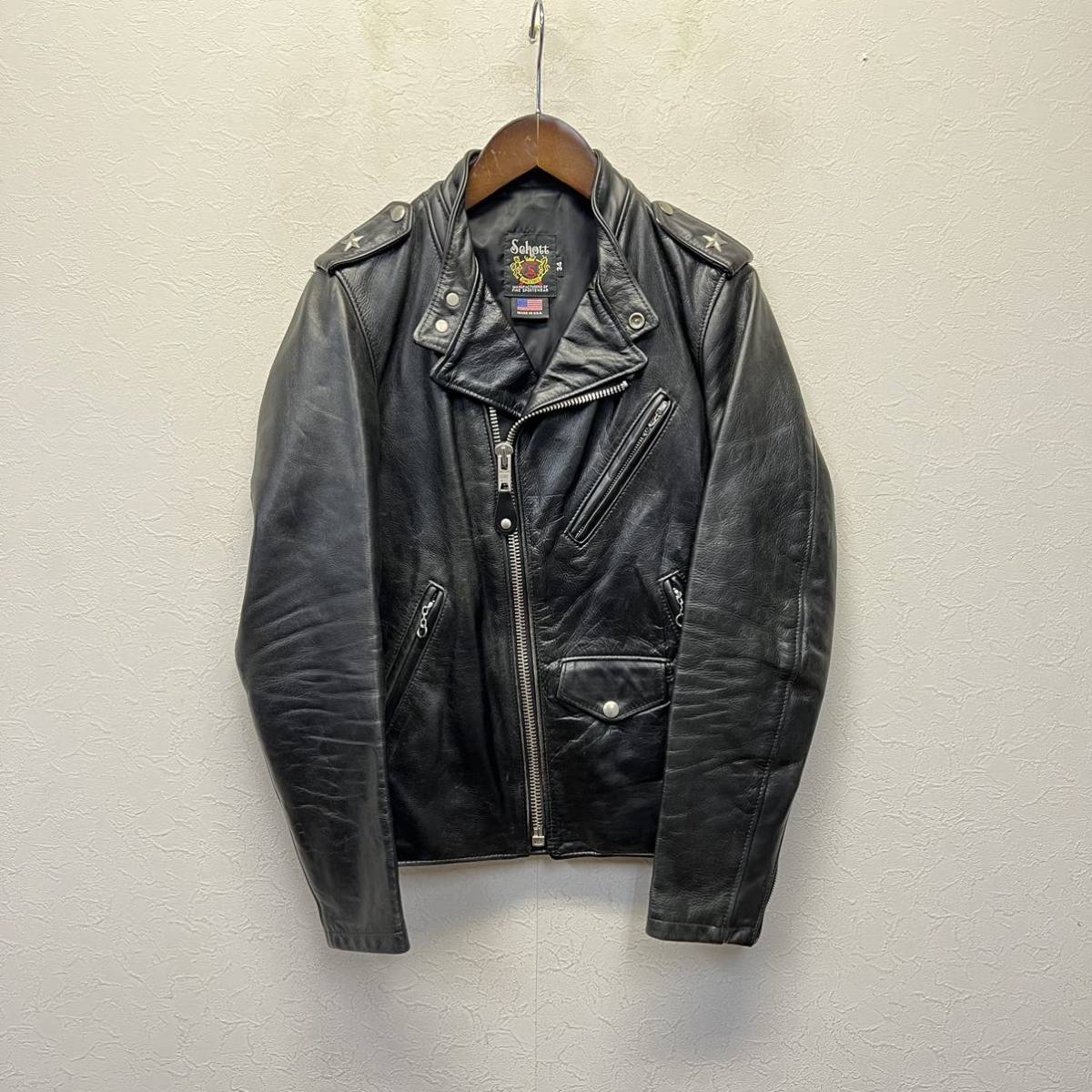 Schott 603US ONE STAR Leather Double Riders Jacket size 34 ショット 黒タグ ワンスター ダブルライダース レザージャケット 革ジャン拍卖