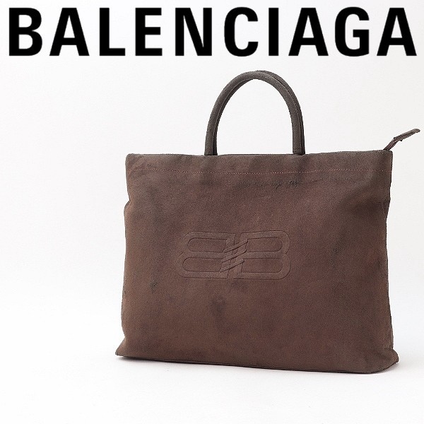◆BALENCIAGA バレンシアガ スエード ロゴ型押し トート ハンド バッグ ダークブラウン拍卖