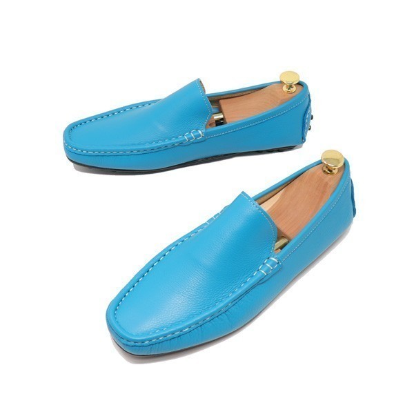 28cm メンズ ハンドメイド 本革 ドライビングシューズ スリッポン ローファー 牛革 マッケイ製法 ブルー 820拍卖