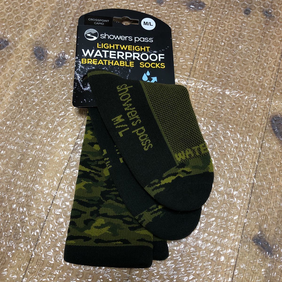 【129新品未使用】 シャワーパス showers pass 防水 ソックス 靴下 アウトドア サイズM/L 迷彩柄拍卖