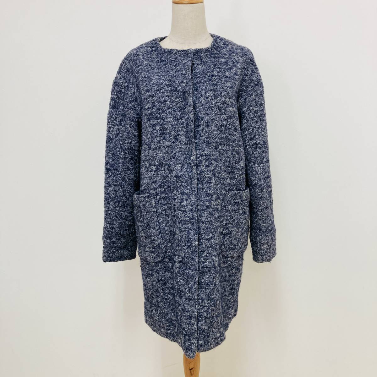 a03239 COMME CA ISM コムサイズム レディース コート ノーカラー ナチュラル M 青系 毛綿混 上品 上質 ロマンティックウィンターコーデ拍卖