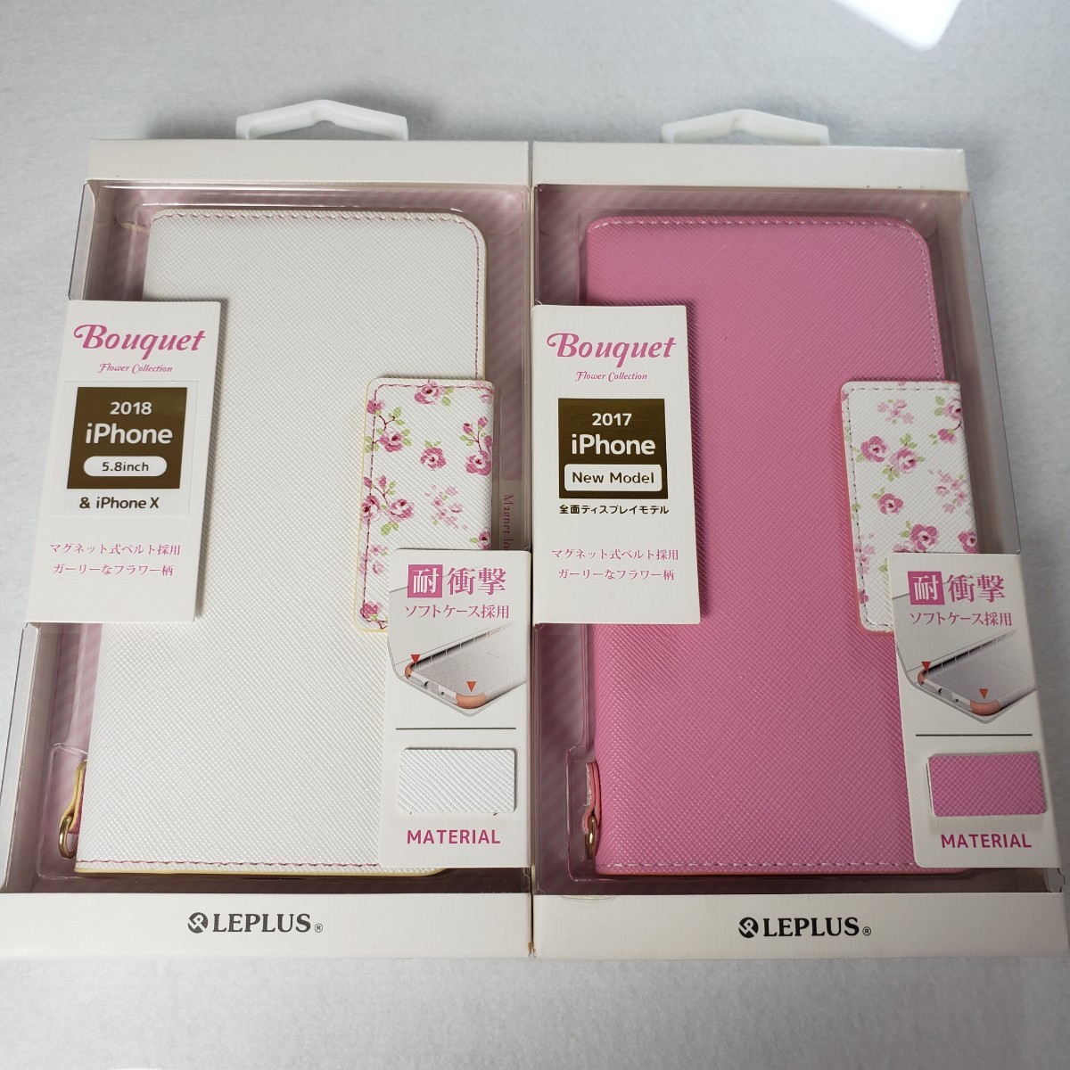 2色セット iPhone X Xs 手帳型ケース フラワー柄 ピンク ホワイト拍卖