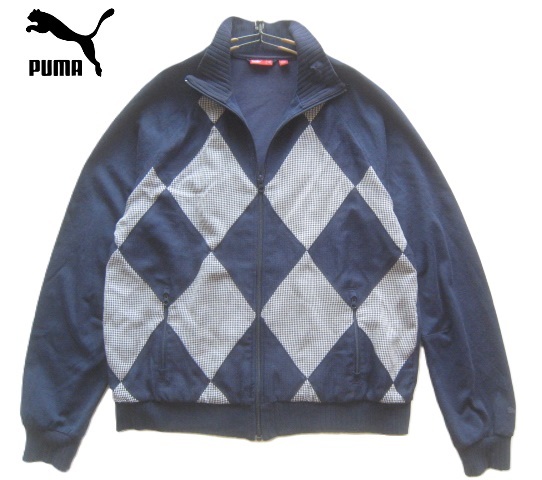 高級!!プーマ PUMA*ロゴ刺繍 ダイヤ・千鳥柄 立ち襟ジャージZIPジャケット M 実寸L 紺 ネイビー拍卖