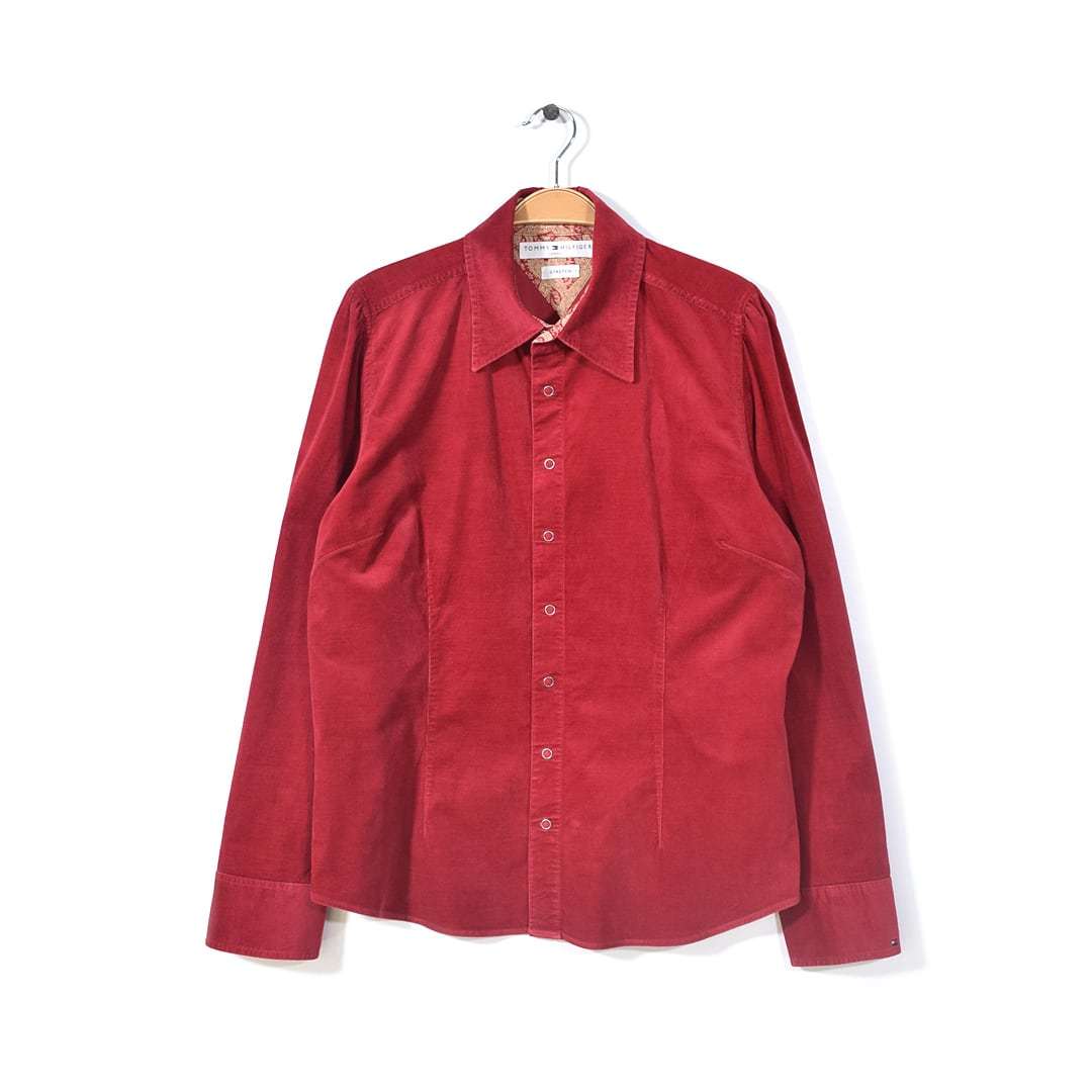 【送料無料】トミーヒルフィガー コーデュロイ 長袖シャツ 赤 レッド TOMMY HILFIGER レディースXL 古着 @CA1114拍卖
