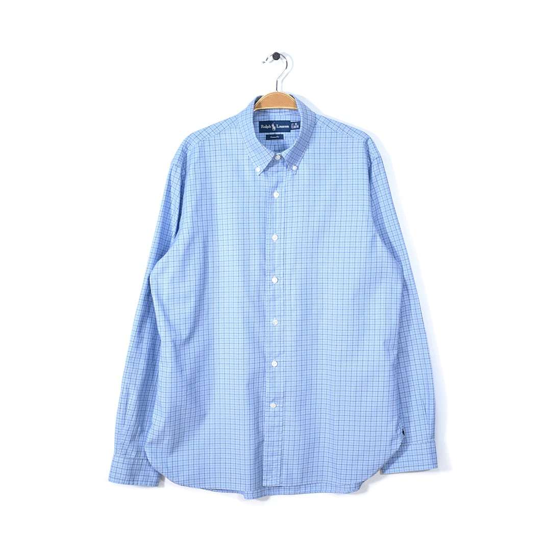 【送料無料】ラルフローレン ボタンダウンシャツ ブルーチェック マチ刺繍ポニー カスタムフィット RALPH LAUREN サイズL相当 @CA1163拍卖