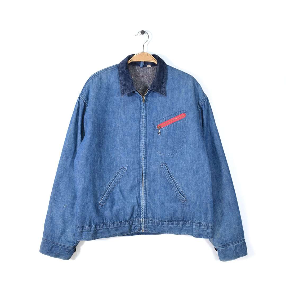 【送料無料】50s デニムジャケット ヴィンテージ ブランケット インディゴ ワッペン 襟コーデュロイ TALON フランネル XL相当 古着 @DA0053拍卖