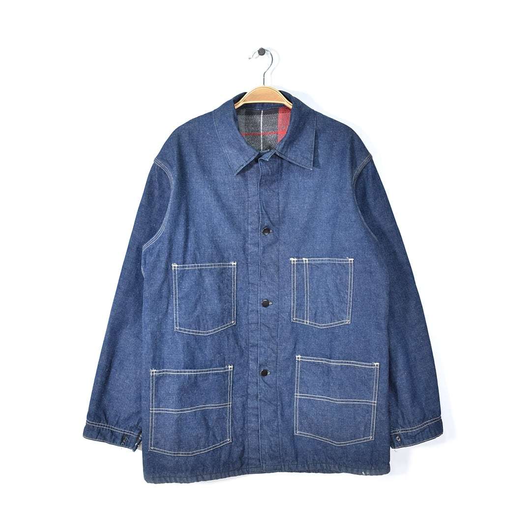 【送料無料】40s 大戦モデル カバーオール ヴィンテージ デニムジャケット 裏地フランネル 黒ラッカーボタン サイズL相当 古着 @DA0054拍卖