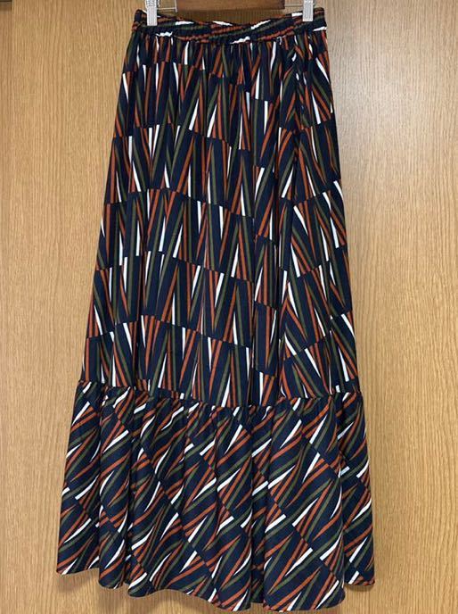 ☆1.4万☆極美☆秋色☆ ユナイテッドアローズ エメルリファインズ ロングスカート マキシ丈 モダン 総柄 ネイビー カーキ オレンジ Wゴム拍卖