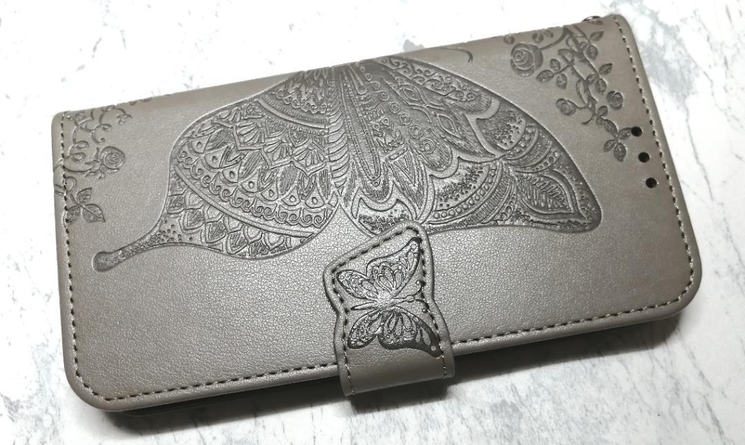 手帳型 iPhone11用 ケース 蝶 花柄 グレー灰色拍卖