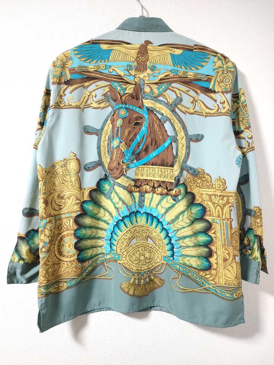 スカーフバブリー柄 派手 総柄シャツ ヴィンテージ レトロ ビッグオーバーサイズ 古着 馬 水色拍卖