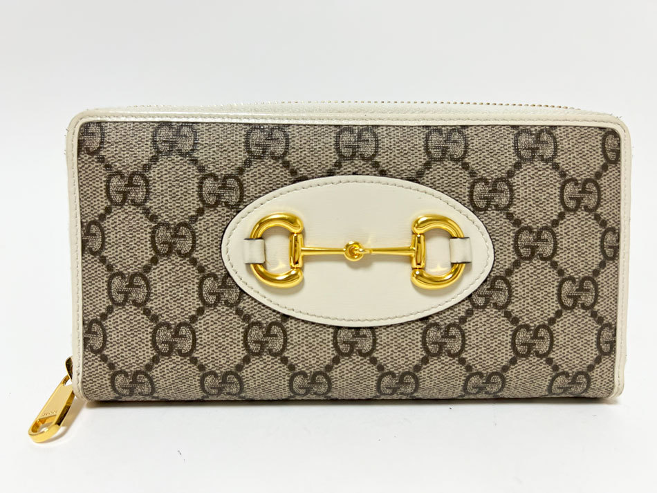 送料無料 GUCCI グッチ ファスナー財布 ホースビット GGスプリーム PVC レザー 長財布 グレー オフホワイト 621889 美品拍卖