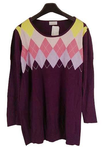 AW161-2◇ 新品 トップス ニットセーター 長袖 丸首 アーガイル柄 リブニットスリーブ 4L大きいサイズ 紫 パープル 送料510円拍卖