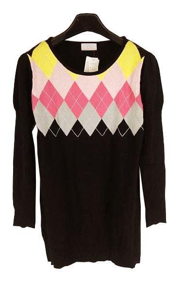 AW170-2◇新品トップス ニットセーター 長袖 丸首 ラウンドネック アーガイル柄 リブニットスリーブ 4L大きいサイズ 黒 ブラック 送料510円拍卖