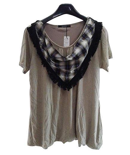 SS0912◇ 新品 プルオーバー 取り外し可能 ストール風胸飾り 両肩ボタン 胸元ギャザー 丸首 半袖 裾折り返し 4Lサイズ ベージュ 送料 510円拍卖