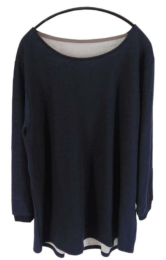 AW203◇新品カジュアルトップス 裏起毛 長袖カットソーインナーTシャツ ロンT シンプル無地 5L大きいサイズ ネイビーブルー送料510円拍卖