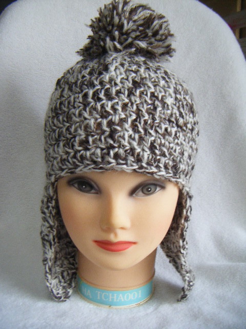 冬用*手編み男女兼用キャップ*耳カバー。ボンボン付き        xエックス拍卖