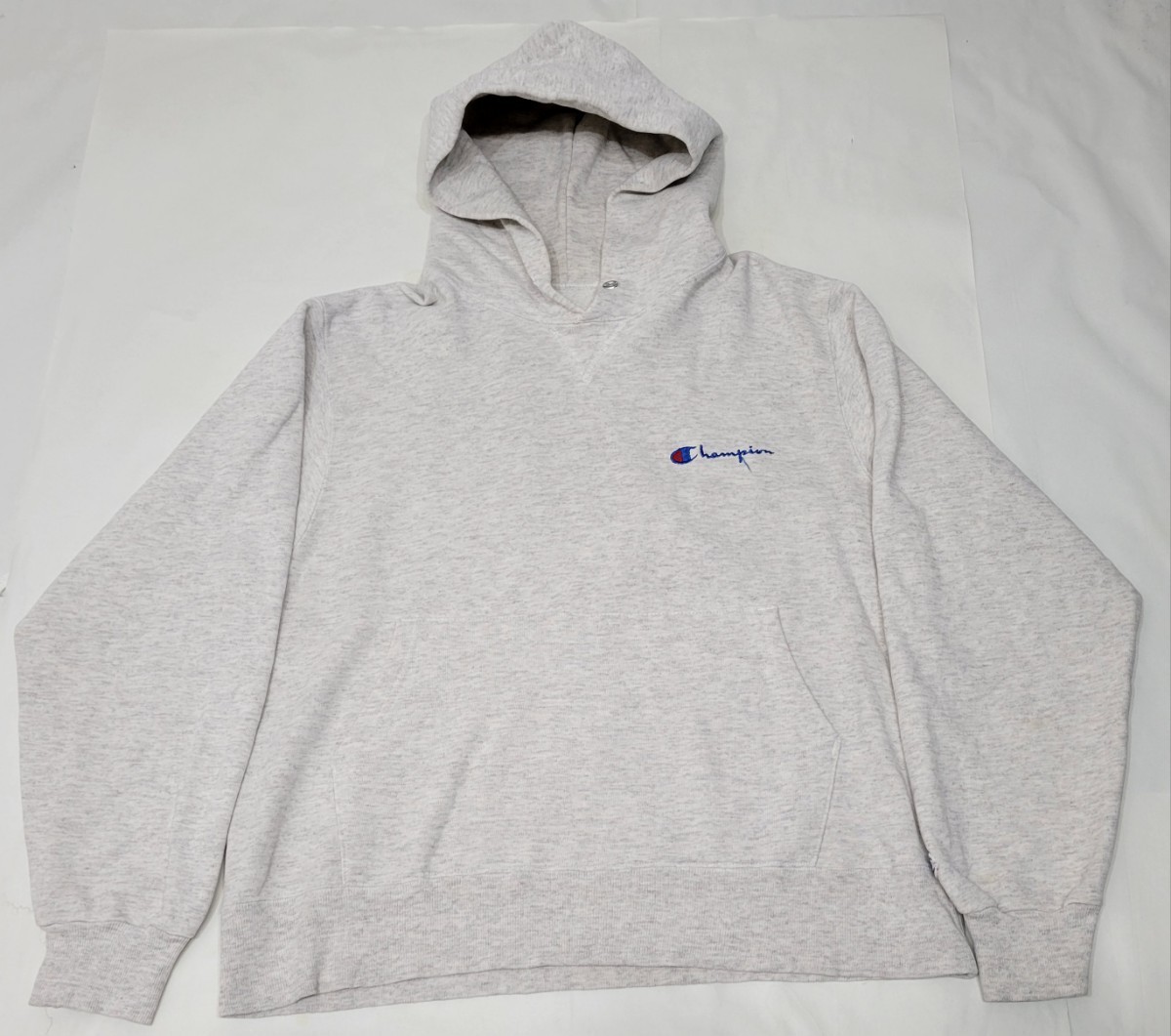 ~90s USA製 Champion 前V スウェットパーカー 杢グレー M ロゴ刺繍 80年代 90年代 アメリカ製 ビンテージ スエット 無地拍卖