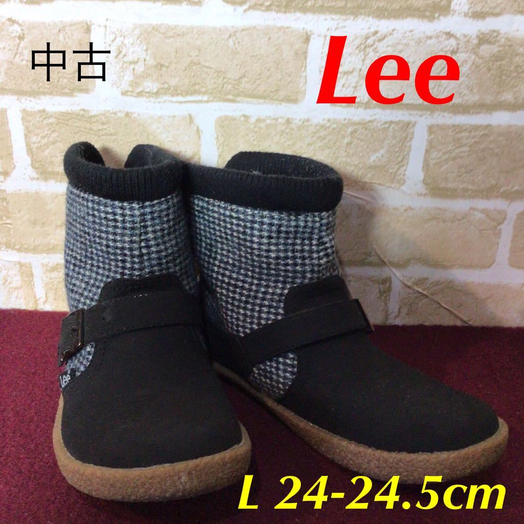 【売り切り!送料無料!】A-205 Lee!ショートブーツ!ボア!L!24!24.5!ツイード!ブルー!ネイビー!ブラック!黒!おしゃれ!かわいい!中古拍卖