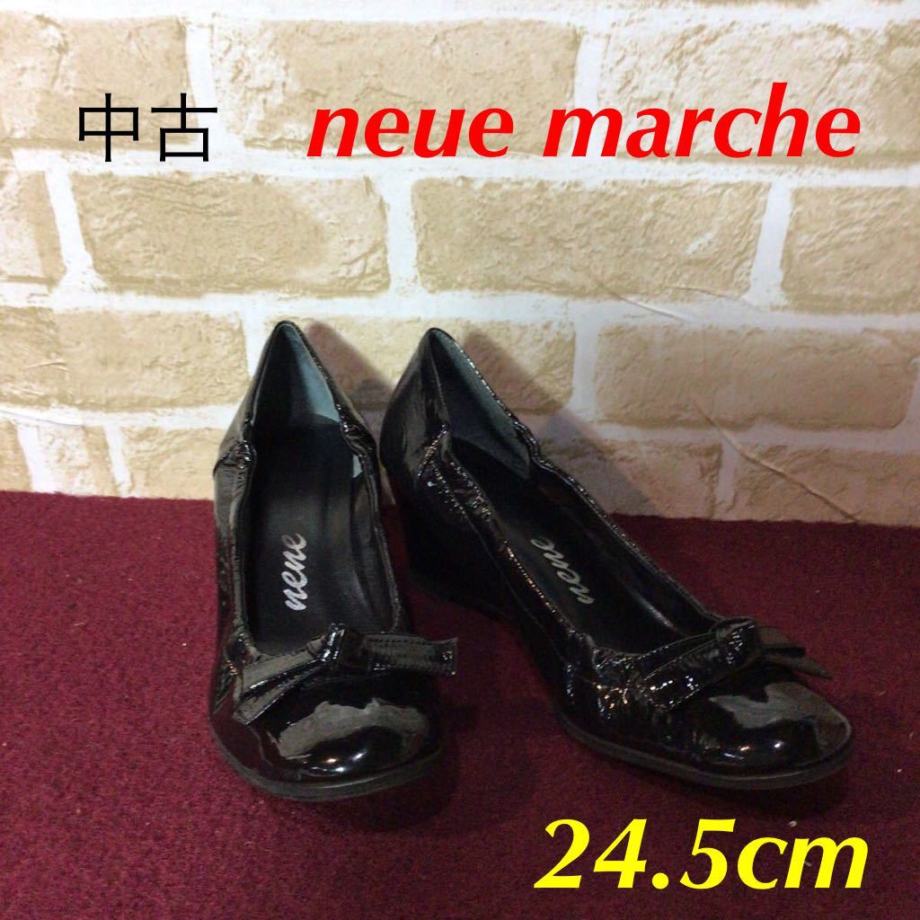 【売り切り!送料無料!】A-240 neue marche!パンプス!ブラック!黒!ヒール!エナメル!24.5!リボン!冠婚葬祭!フォーマルにも!中古拍卖