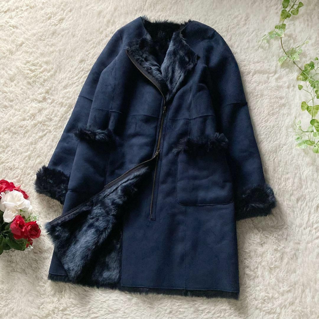 トゥデイフル ロングムートンコート フェイクムートン ノーカラー ネイビー 36サイズ 美品 TODAYFUL拍卖