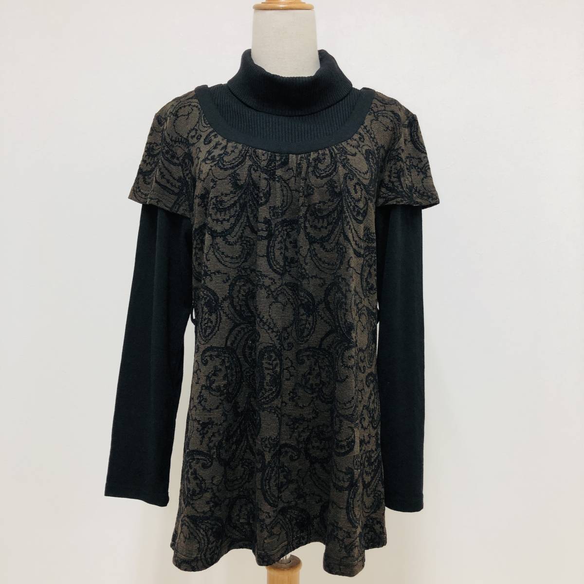 k1665 美品 ILE DE BONHEUR トップス 長袖 タートルネック 肩パット L 黒 ブラウン 総柄 レディース シック エレガントガーリーチック 拍卖